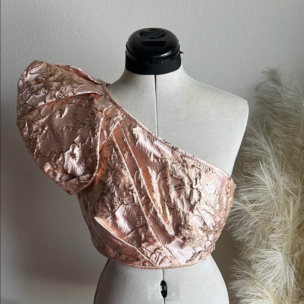 Express One-Shoulder Pink Rose Gold Metallic Crop Top